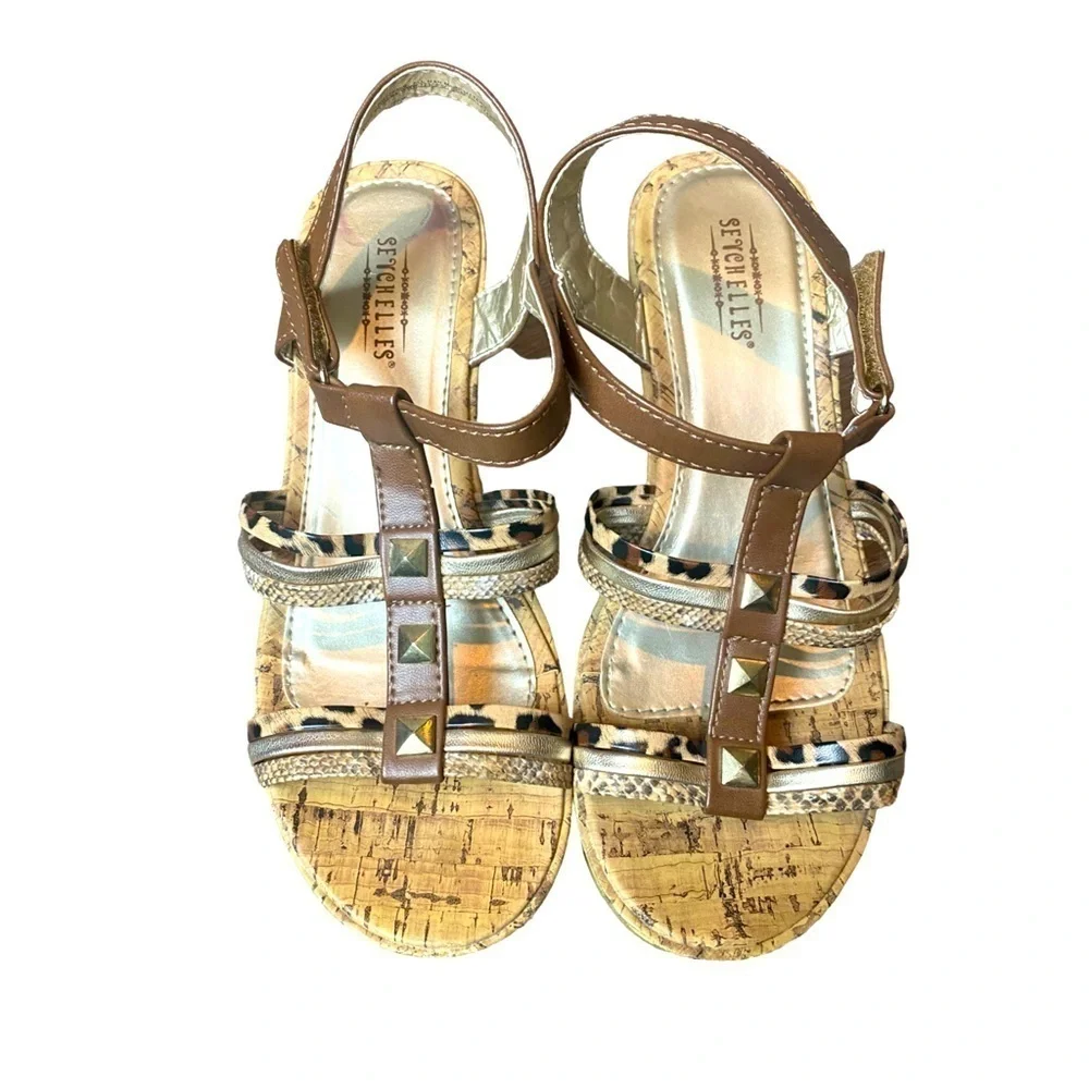 Seychelles Platform Wedge‎ Strappy Animal Print Brown Gold Sandals Heels 4